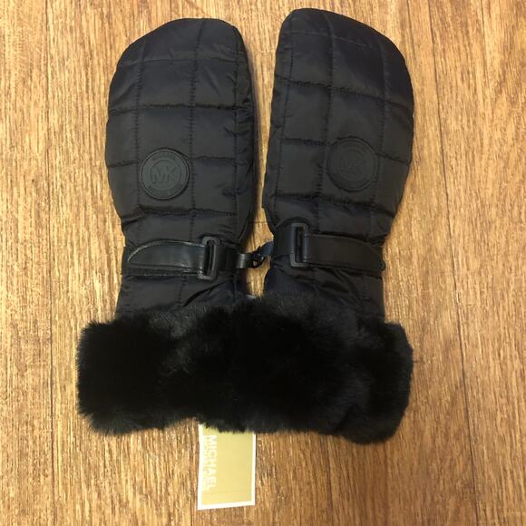 Michael Michael Kors Black Quilted Faux Fur Trim Mittens Size S/M - Picture 2 of 10